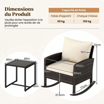 Ensemble Bistro de Jardin 3 Pièces COSTWAY, 2 Fauteuils à Bascule, Table Basse en Verre, Dossier et Coussins Déhoussables, Gris