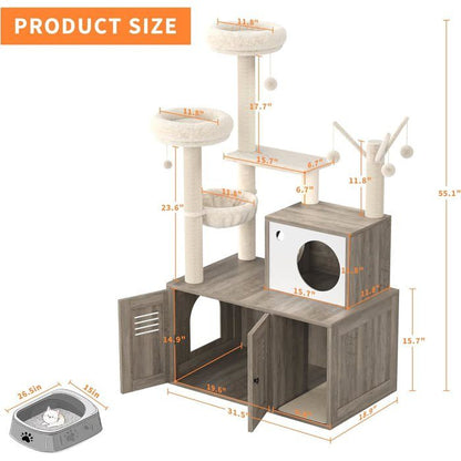 Arbre à Chat 2 en 1+ Enceinte de Litière Cachée - Meuble Chat Multiniveaux, Poteaux à Gratter, Boules Suspendues, Armoire - Marron