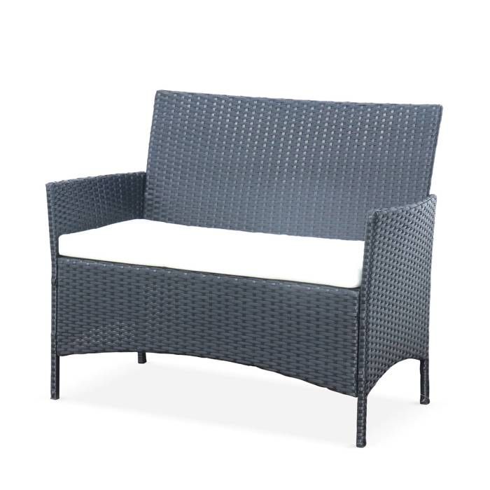 Salon de jardin en résine tressée - Moltès - Nuances de Gris. Coussins gris - 4 places - 1 canapé. 2 fauteuils. une table basse