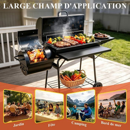 Barbecue Charbon de Bois avec Grille de Cuisson et Réchauffage - Barbecue avec Thermomètre, Broche électrique, 2 Tablettes Pliable