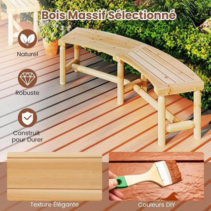 Banc de Jardin Extérieur Incurvé COSTWAY, Bois Massif, 2-3 Personnes, sans Dossier, Charge 360 kg, pour Patio Piscine, Naturel