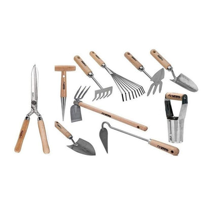 Kit 9 outils de jardin Manche bois Hêtre Inox et Fer forgés à la main  VITO