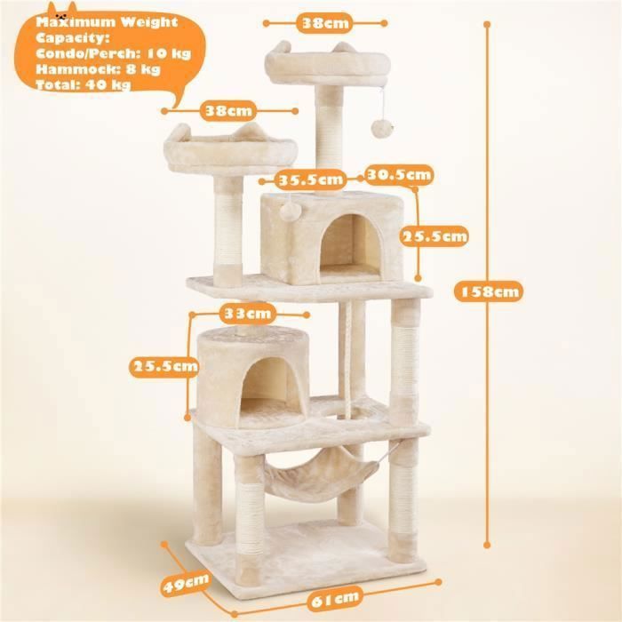 Arbre à Chat YAHEETECH - Tour à Griffer avec 2 Niches-Hamac Colonne en Sisal - Hauteur 158 cm Noir