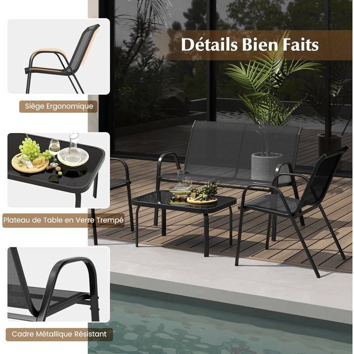 COSTWAY 4 PCS Ensemble Table et Chaises de Jardin Extérieur, Chaises et Causeuse avec Siège en Tissu, Plateau en Verre Trempé, Bleu