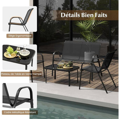 COSTWAY 4 PCS Ensemble Table et Chaises de Jardin Extérieur, Chaises et Causeuse avec Siège en Tissu, Plateau en Verre Trempé, Bleu