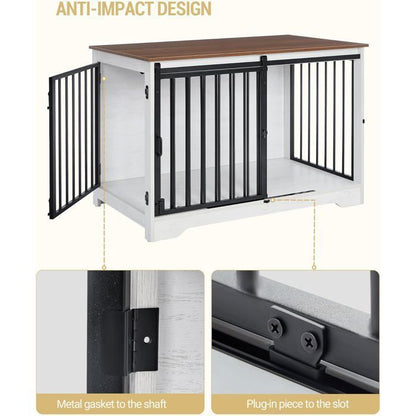Cage pour Chien, 100 cm Meuble Cage Chien, Cage Chien Interieur avec Porte coulissante, 2 Portes, 100 x 60 x 68 cm, Ivoire Clair