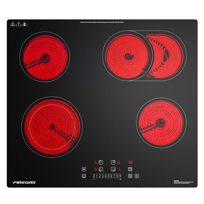 Plaque de Cuisson Vitrocéramique FIREGAS - 4 zones 7200W - L59 x P52 cm - Noir