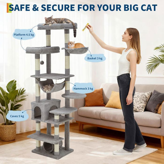 Arbre à chat - FARVEE - Arbre à chat multi-niveau avec griffoirs, escalade, hamac et niches, hauteur 188 cm - Gris clair
