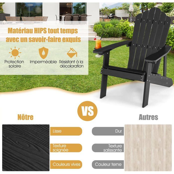COSTWAY Fauteuil de Jardin Adirondack en HIPS Bois Massif Imperméable avec Porte-Gobelet Charge 170KG pour Piscine Terrasse, Noir
