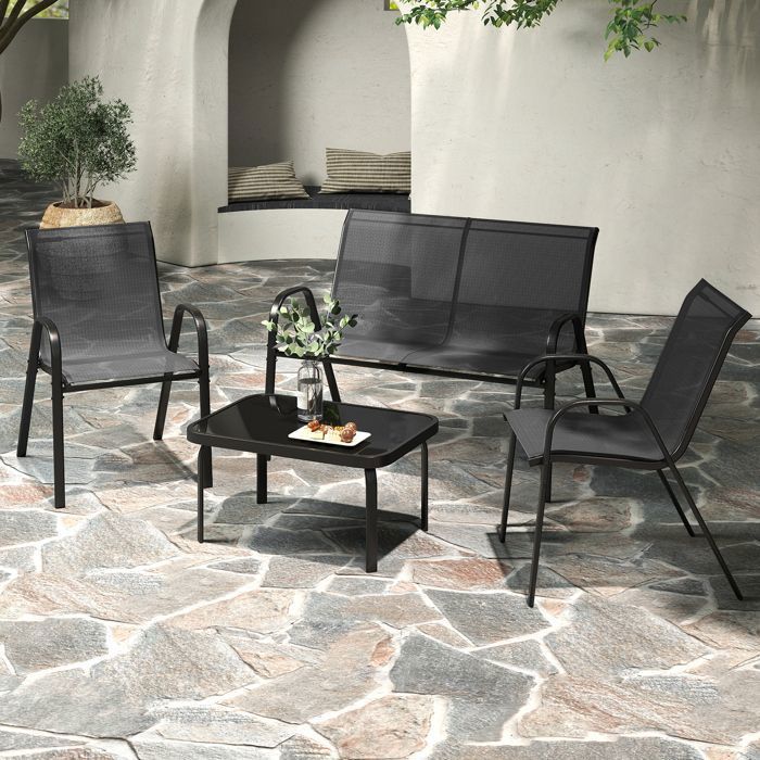 COSTWAY 4 PCS Ensemble Table et Chaises de Jardin Extérieur, Chaises et Causeuse avec Siège en Tissu, Plateau en Verre Trempé, Bleu
