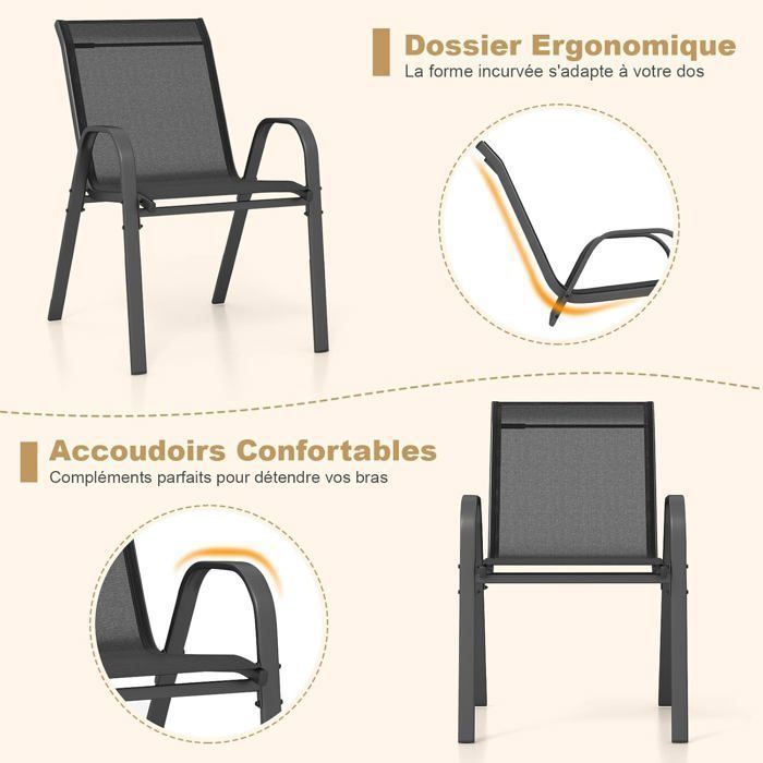COSTWAY Lot de 2 Chaises de Jardin, Tissu Respirant, Chaises à Manger Empilables avec Accoudoirs, pour Patio Terrasse Porche, Bleu