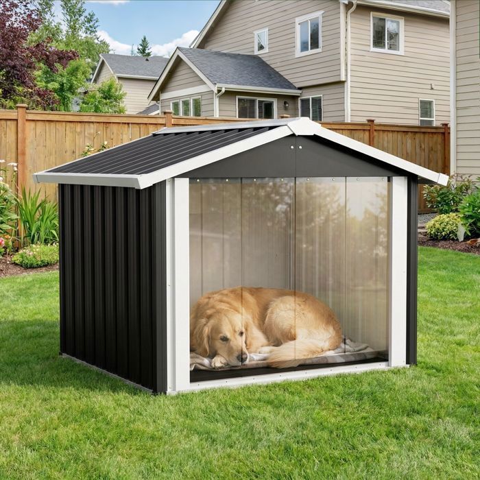 Cage pour chien meuble - Memkey - 80 x 56 x 69,5 cm - Panneau de particules et acier blanc - Roulettes, double porte
