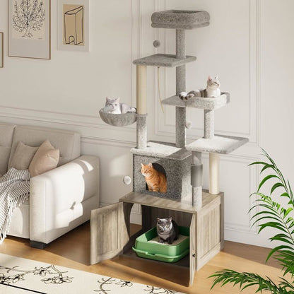 Arbre à Chat 2 en 1+ Enceinte de Litière Cachée - Meuble Chat Multiniveaux, Poteaux à Gratter, Boules Suspendues, Armoire - Marron