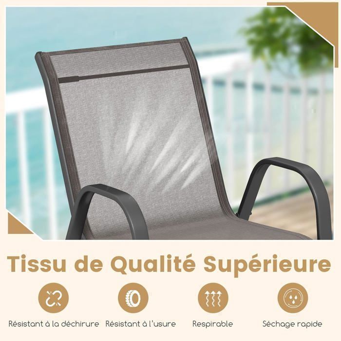 COSTWAY Lot de 2 Chaises de Jardin, Tissu Respirant, Chaises à Manger Empilables avec Accoudoirs, pour Patio Terrasse Porche, Noir