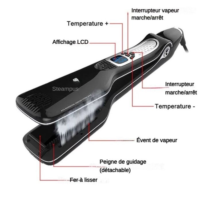Lisseur vapeur-Plaques en Céramique extra larges，5 vitesses - alimentation rotative 360°-Jusqu'à 230°C-Pour Tous Types de Cheveux