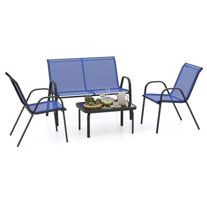 COSTWAY 4 PCS Ensemble Table et Chaises de Jardin Extérieur, Chaises et Causeuse avec Siège en Tissu, Plateau en Verre Trempé, Bleu