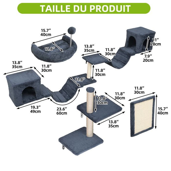 Balconera Lot 8 Murs escalade Chat - Peluche Stable, Arbre Mural Griffoirs, Pont, Escaliers & Boule, Gris Foncé
