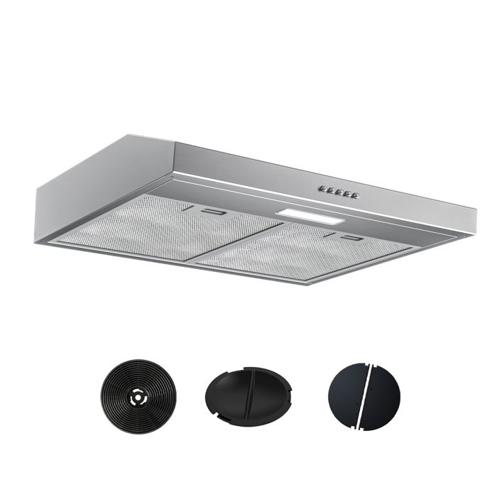 FIREGAS Hotte Aspirante 60cm, Extracteur de Cuisine Sans Évacuation, 3 Vitesses, Avec Filtres à Charbon, Argent