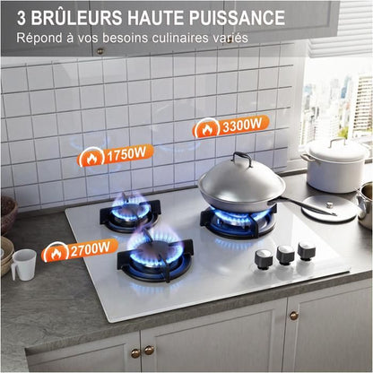Plaque gaz encastrable - ISEASY - 4 feux 60 cm - Verre trempé - Supports fonte - Compatible NG/GPL