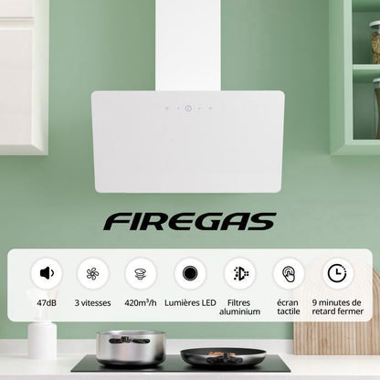 Hotte aspirante FIREGAS 60cm, Hotte aspirante à évacuation/circulation d'air avec LED, Hotte inclinée avec efficacité A++