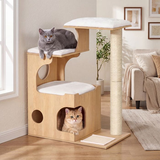 Arbre à Chat, avec Plateformes, Niche, Tapis à Griffer en Sisal, Coussins en Peluche, 86 cm, Beige