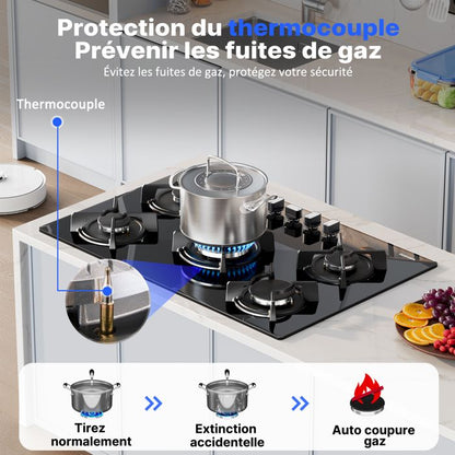Plaque de Cuisson à Gaz - WEHIMO - 4 Brûleurs - Verre Trempé - Sécurité Thermocouple - Allumage par Impulsion