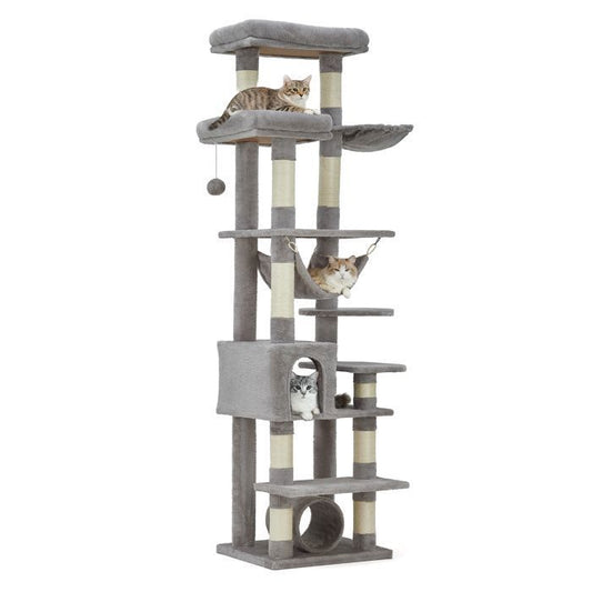 Arbre à chat - FARVEE - Arbre à chat multi-niveau avec griffoirs, escalade, hamac et niches, hauteur 188 cm - Gris clair
