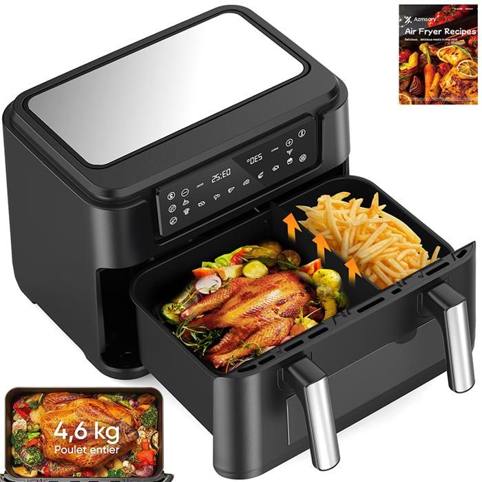 Friteuse sans Huile 12L - Panier Flexible - Écran LED - Cuisson 360° Sans Huile - 10 Programmes - Fenêtre transparente - Air fryer