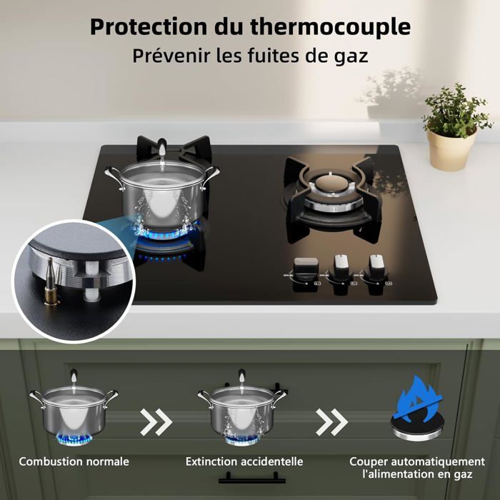 Plaque de Cuisson à Gaz - WEHIMO - 4 Brûleurs - Verre Trempé - Sécurité Thermocouple - Allumage par Impulsion