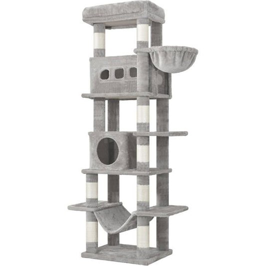 170 cm Grand Arbre à Chat, avec Grand Perchoir, Tapis Lavable, 2 Niches Chats, 8 Griffoirs, Hamac, Pompons, Gris Clair