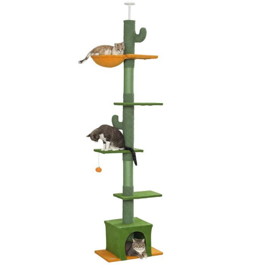 Arbre à chat - PawHut - 275H cm - du sol au plafond - 6 niveaux pour chat d'intérieur - plate-formes, niche, hamac, balle - vert