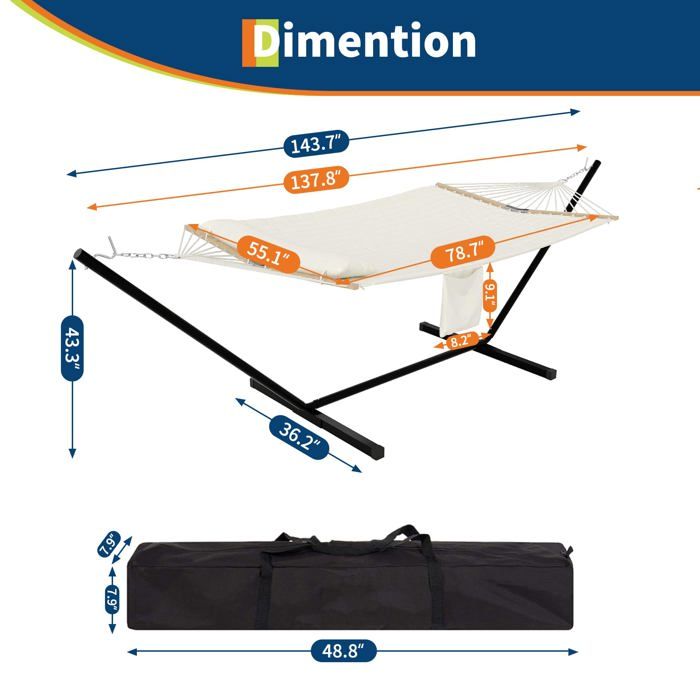 Hamac Double 12FT avec Support en Acier - Toile Matelassée 450LB - Barre en Bois Dur - Sac de Transport Inclus - Beige