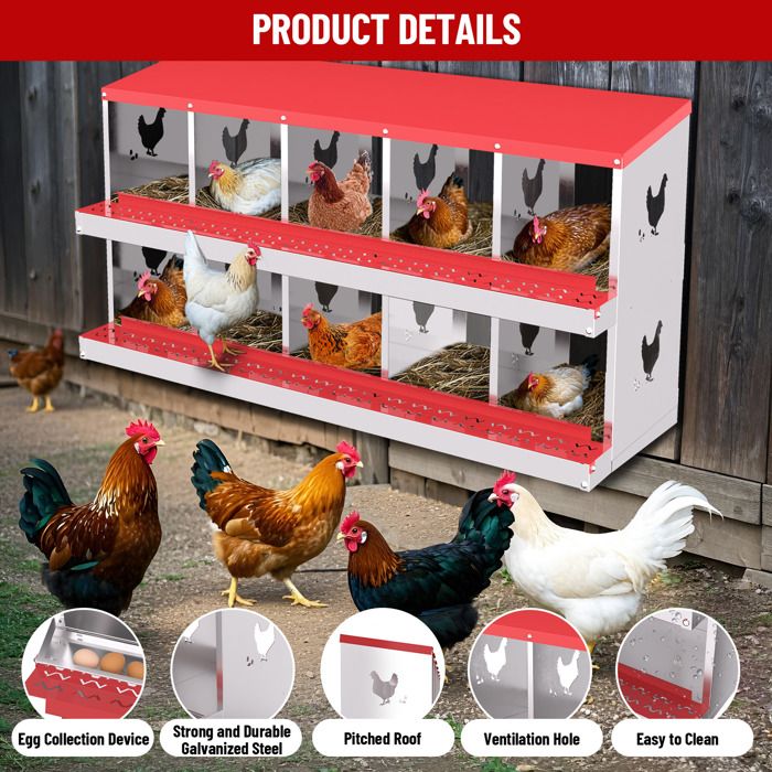 Pondoir Poules Pondeuses 10 Compartiments, Poulailler en Acier Galvanisé, Récolte des Œufs Facilitée,  Pratique, Pied, Vert