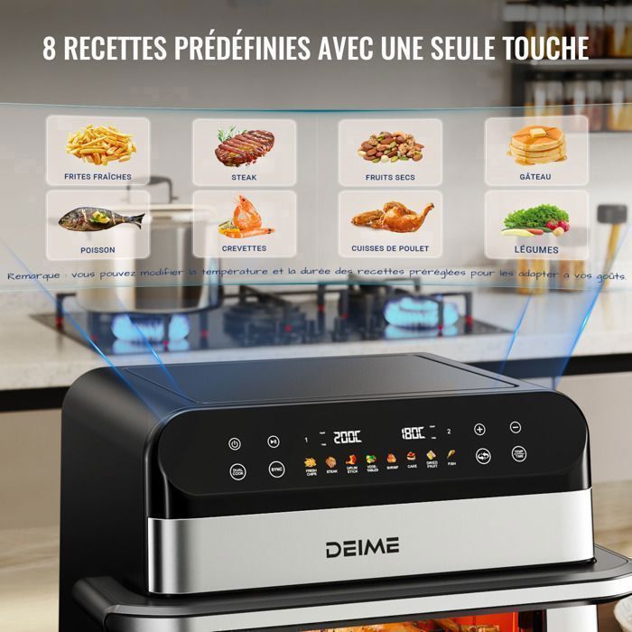 DEIME Air Fryer 5L+5L - Friteuse sans huile Capacité 10L - 8 Préprogrammes - 2400W - Séparateur amovible - Fenêtre - Noir