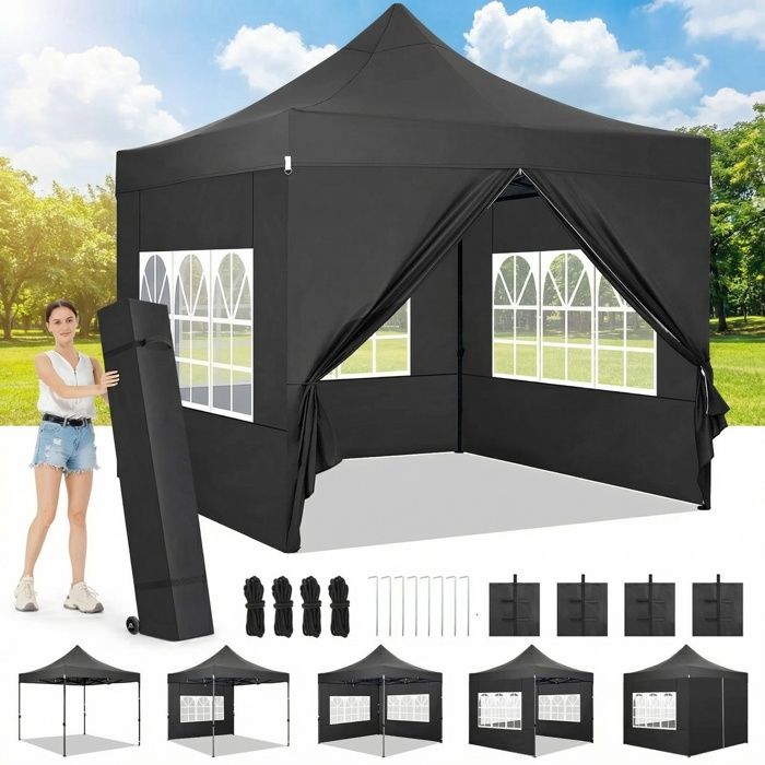 Tonnelle 3x3m Tonnelle Pliante de Jardin imperméable avec 4 côtés - Barnum Pliable Pavillon extérieur - Noir