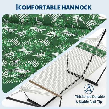 Hamac Double avec Support - 450 lbs, Toile Coton & Coussin Amovible - Pour Jardin, Intérieur/Extérieur, Vert