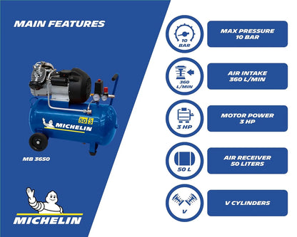 MICHELIN Compresseur d'Air Portatif MB3650 - Cuve 50 Litres - Moteur 3 cv - Pression Maximale 10 bar - Débit d'Air 360 l/min - 21.6 m³/h