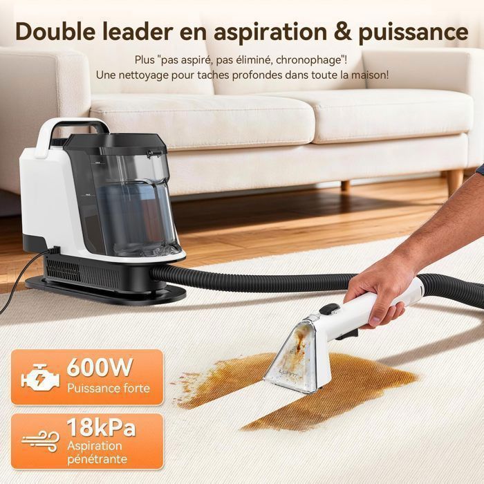 Uwant Y100 Nettoyeur Détacheur Multi-surface -18kpa - For Sofa, Carpets, Matelas- 600W - Auto-Nettoyage - Réservoir Double 1,2L