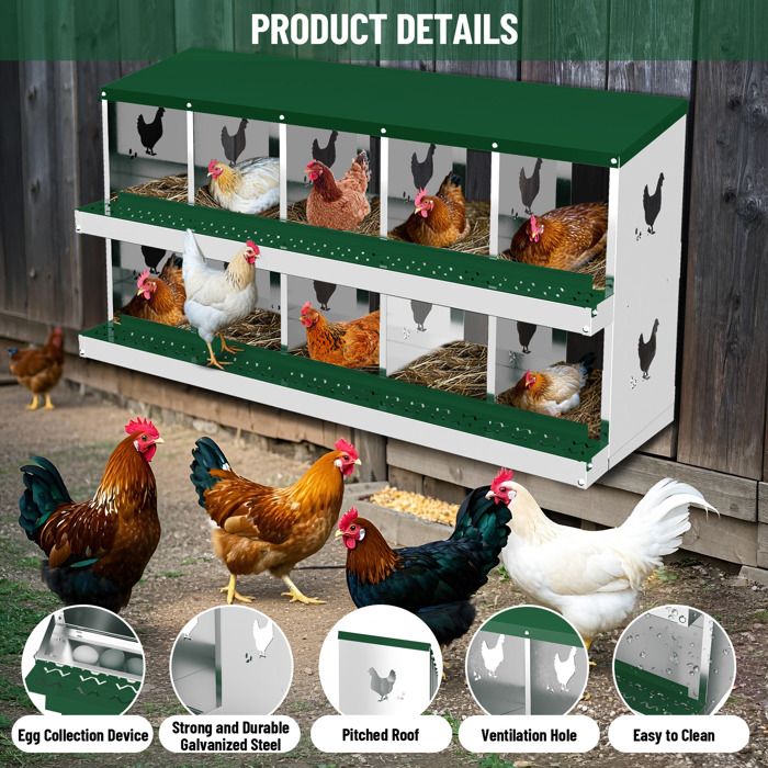 Pondoir Poules Pondeuses 10 Compartiments, Poulailler en Acier Galvanisé, Récolte des Œufs Facilitée,  Pratique, Pied, Vert