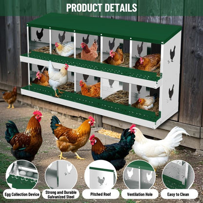Pondoir Poules Pondeuses 10 Compartiments, Poulailler en Acier Galvanisé, Récolte des Œufs Facilitée,  Pratique, Pied, Vert