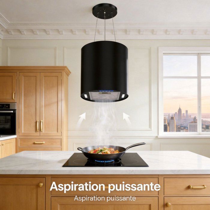 FIREGAS Hotte îlot suspendue 35 cm, 700 m³/h, 3 vitesses, éclairage LED, arrêt différé, 2 filtres à charbon – Noir