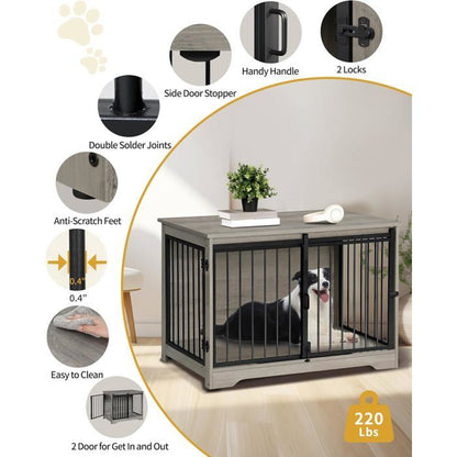 Cage pour Chien, 100 cm Meuble Cage Chien,avec Porte coulissante, 2 Portes, Niche Moderne pour Chiens, 100 x 60 x 68 cm, Noir
