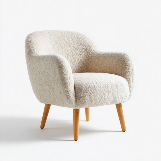 Fauteuil en cuir d'agneau ivoire avec accoudoirs et pieds en bois