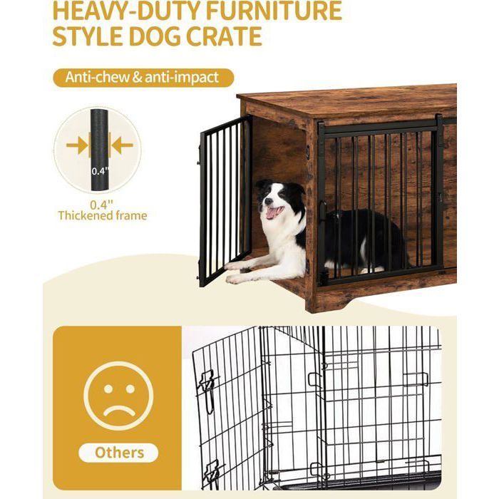 Cage pour Chien, 100 cm Meuble Cage Chien, Cage Chien Interieur avec Porte coulissante, 2 Portes, 100 x 60 x 68 cm, Ivoire Clair