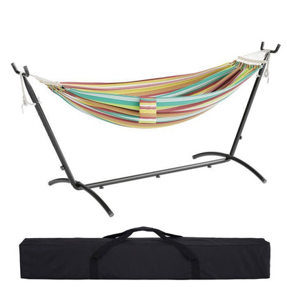 Mondeer Hamac sur Pied Double avec Support,Cadre Robuste Réglable 6Positions,Charge Max 270kg pour Jardin/Camping/Voyage,Multicolore