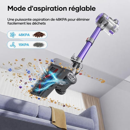 Aspirateur Balai sans Fil- Laresar V10-45Mins- 48000PA- Batterie Amovible-Technologie Yeux verts-Léger-Tapis et Poils d’Animaux