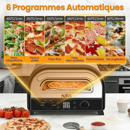 Four à pizza électrique professionnel - 80-450°C, Pizza en 90s, 6 Programmes, Pierre rotative 33cm, Coupe-pizza et pelle