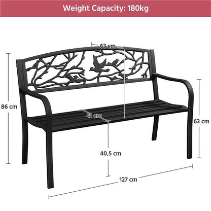 Yaheetech Banc de Jardin en Métal Banc Extérieur avec Dossier à Motif d'oiseau Siège à Lattes 127 x 63 x 86 cm
