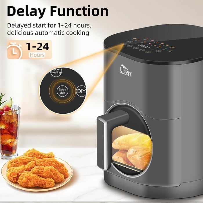 UTEN Air Fryer Sans Huile 5.5L 2000W,Friteuse à Air avec Écran Tactile LED,14 Programmes et Fenêtre Visible,Cuisson Rapide et Saine