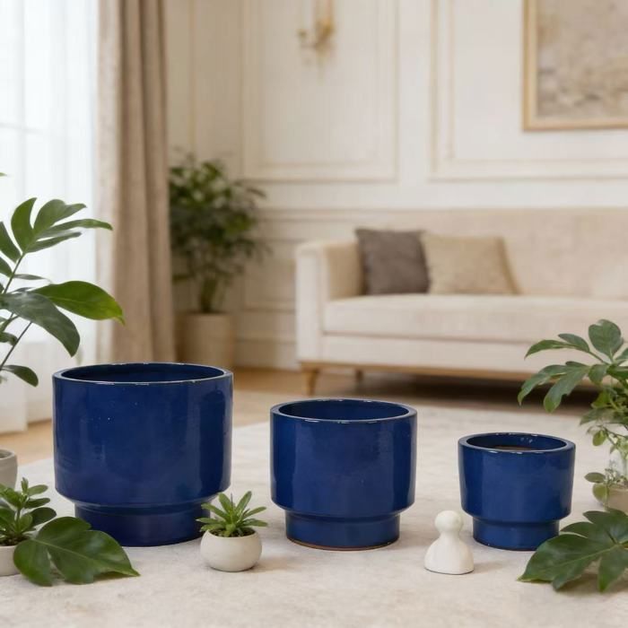 Pots de Fleur en Céramique- Set de 3 pièces-Ø 38,1/30,5/22,9 cm-Bleu